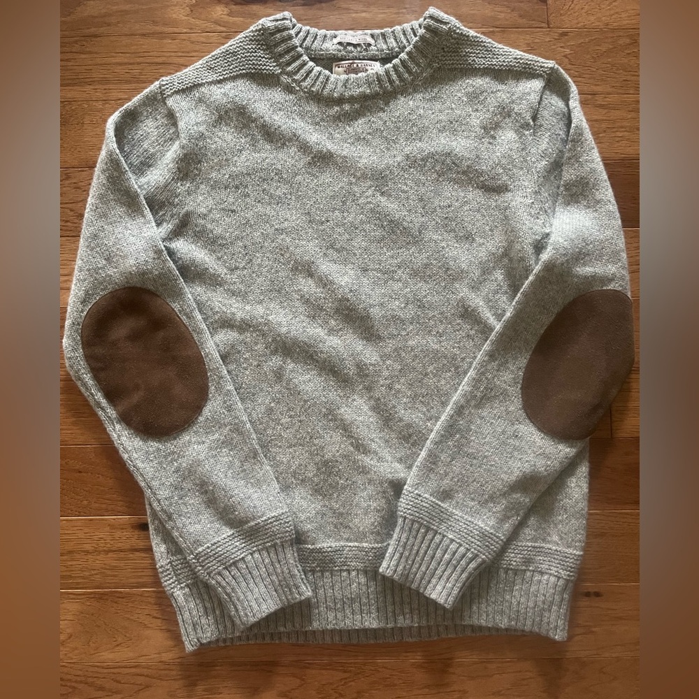Wallace & Barnes Shetland Wool Sweater Mens small Elbow Patch Crew Pullover